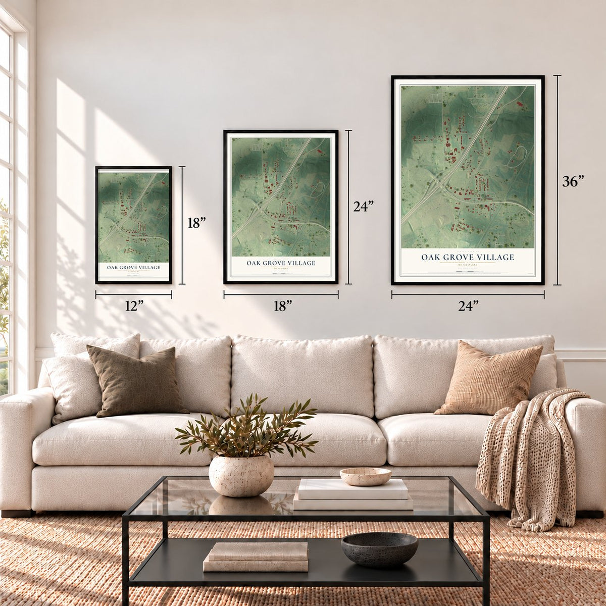 Oak Grove Village, Missouri map in 12 x 18, 18 x 24 and 24 x 36 inch sizes above a sofa