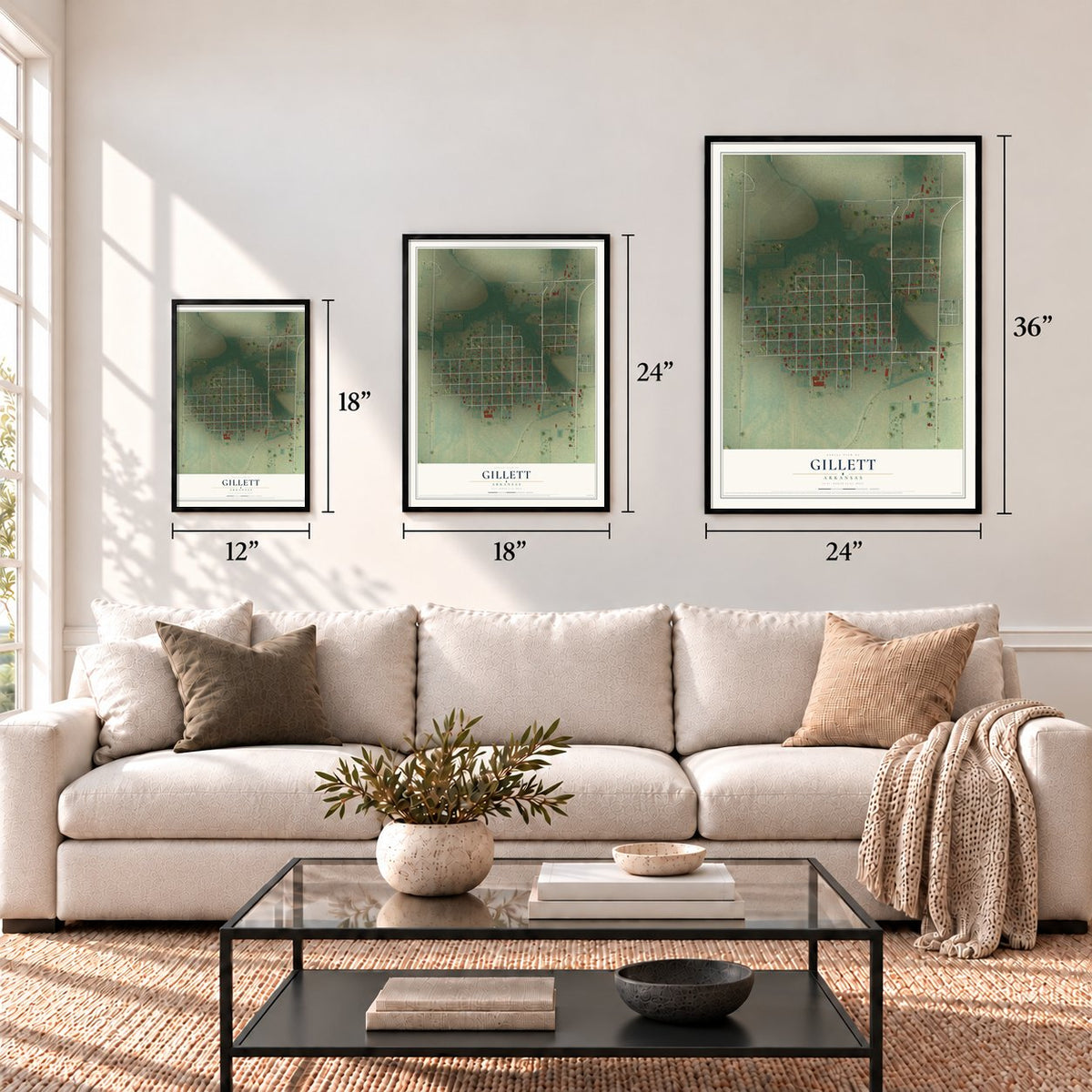 Gillett, Arkansas map in 12 x 18, 18 x 24 and 24 x 36 inch sizes above a sofa