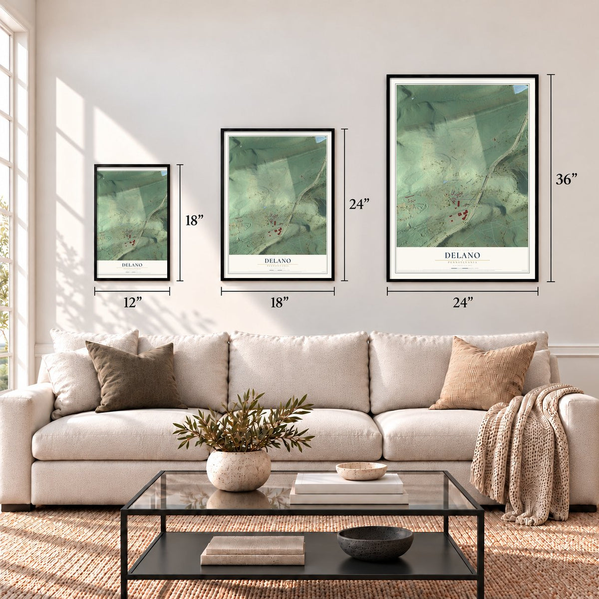 Delano, Pennsylvania map in 12 x 18, 18 x 24 and 24 x 36 inch sizes above a sofa