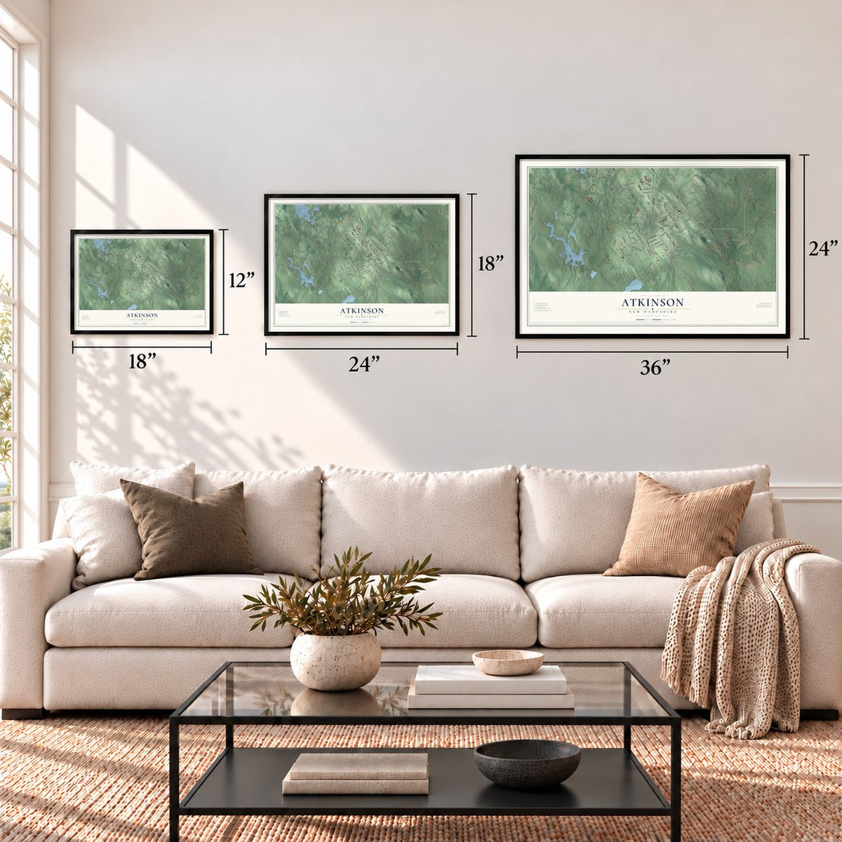 Atkinson, New Hampshire map in 12 x 18, 18 x 24 and 24 x 36 inch sizes above a sofa
