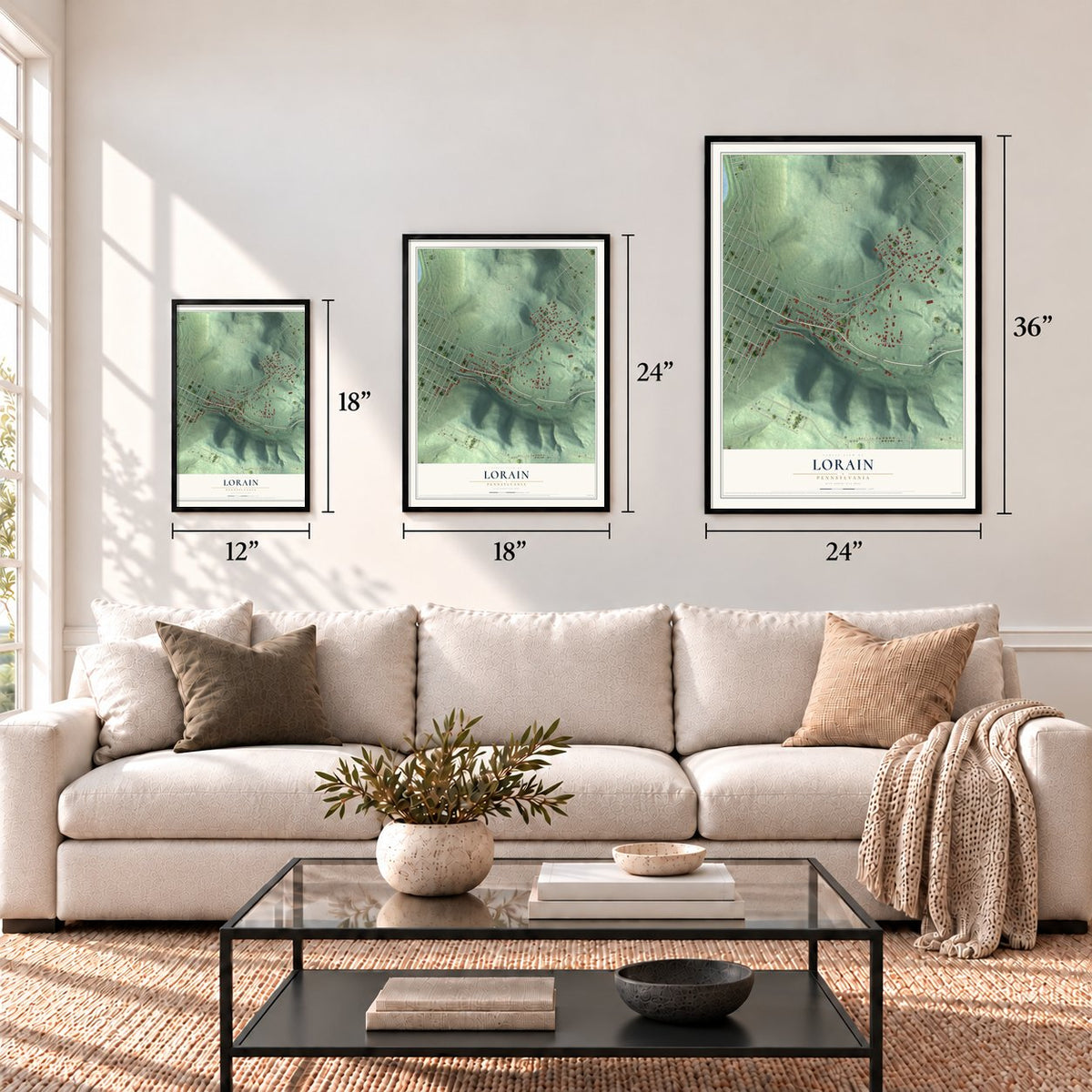 Lorain, Pennsylvania map in 12 x 18, 18 x 24 and 24 x 36 inch sizes above a sofa
