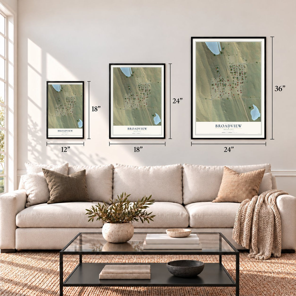 Broadview, Montana map in 12 x 18, 18 x 24 and 24 x 36 inch sizes above a sofa