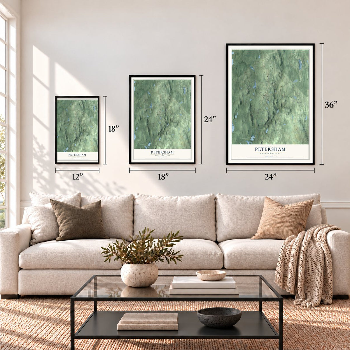 Petersham, Massachusetts map in 12 x 18, 18 x 24 and 24 x 36 inch sizes above a sofa