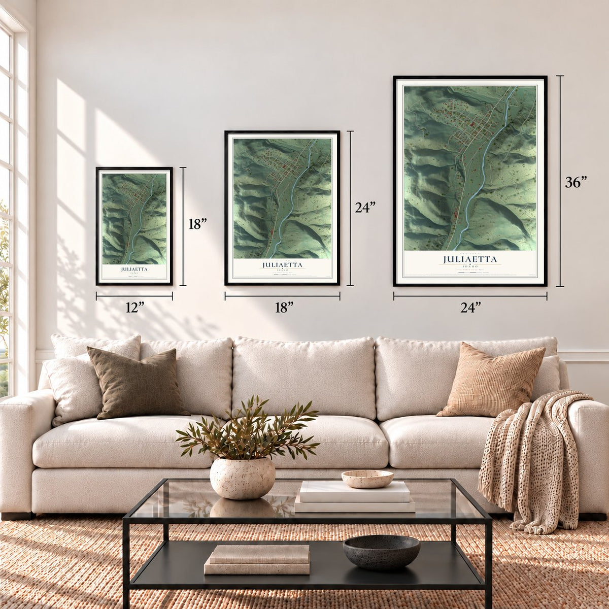 Juliaetta, Idaho map in 12 x 18, 18 x 24 and 24 x 36 inch sizes above a sofa