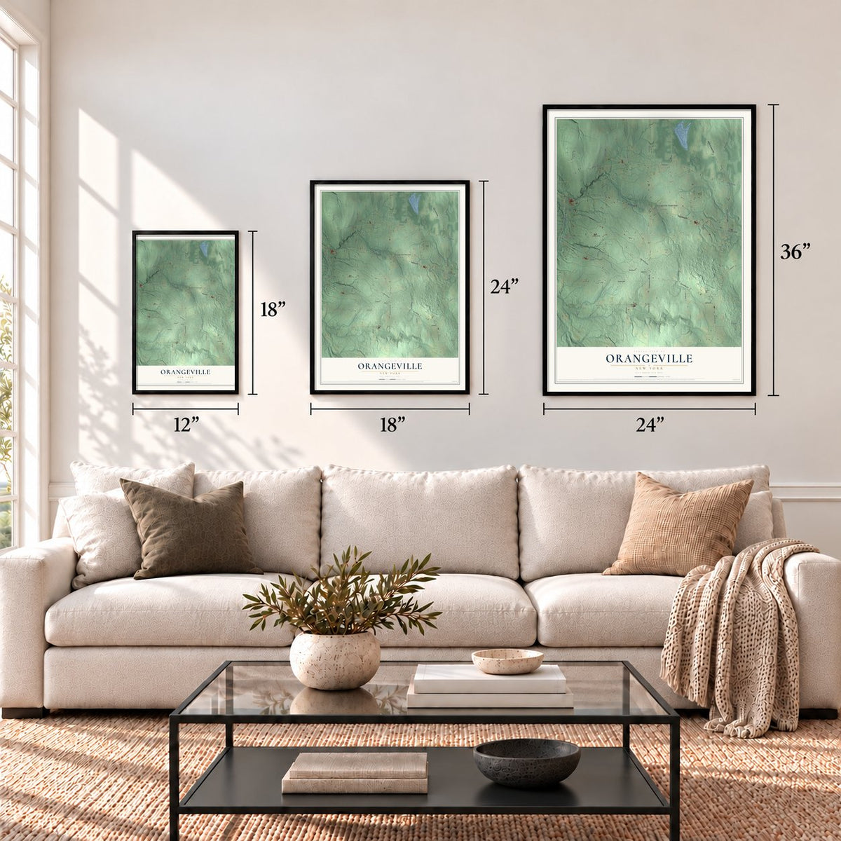 Orangeville, New York map in 12 x 18, 18 x 24 and 24 x 36 inch sizes above a sofa