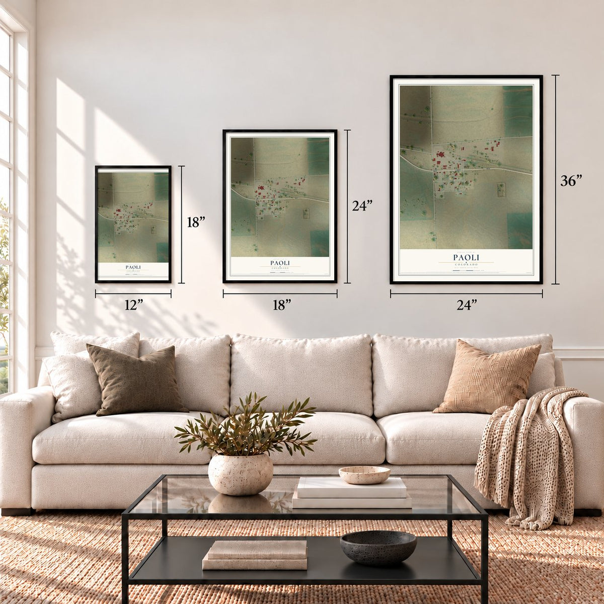 Paoli, Colorado map in 12 x 18, 18 x 24 and 24 x 36 inch sizes above a sofa