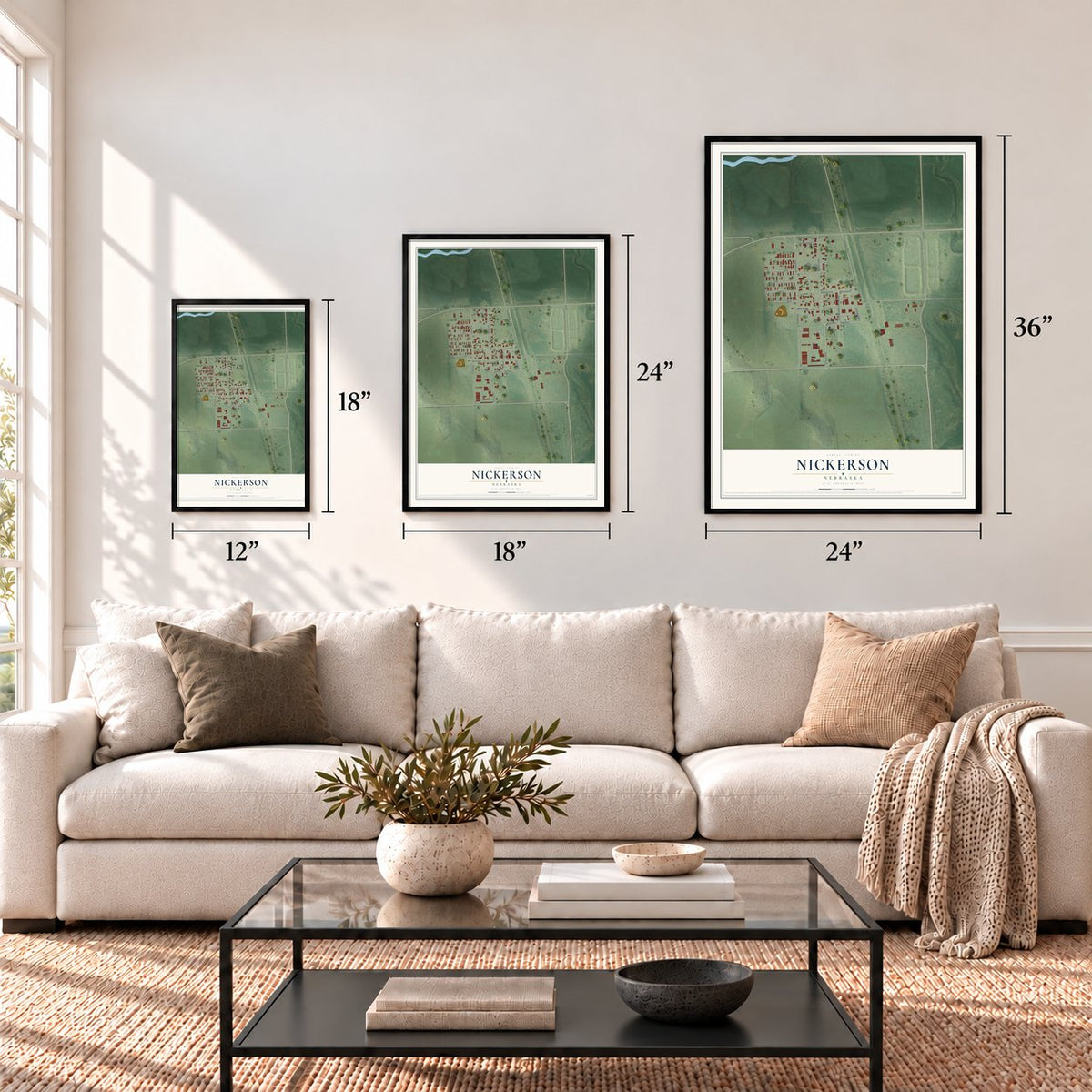 Nickerson, Nebraska map in 12 x 18, 18 x 24 and 24 x 36 inch sizes above a sofa
