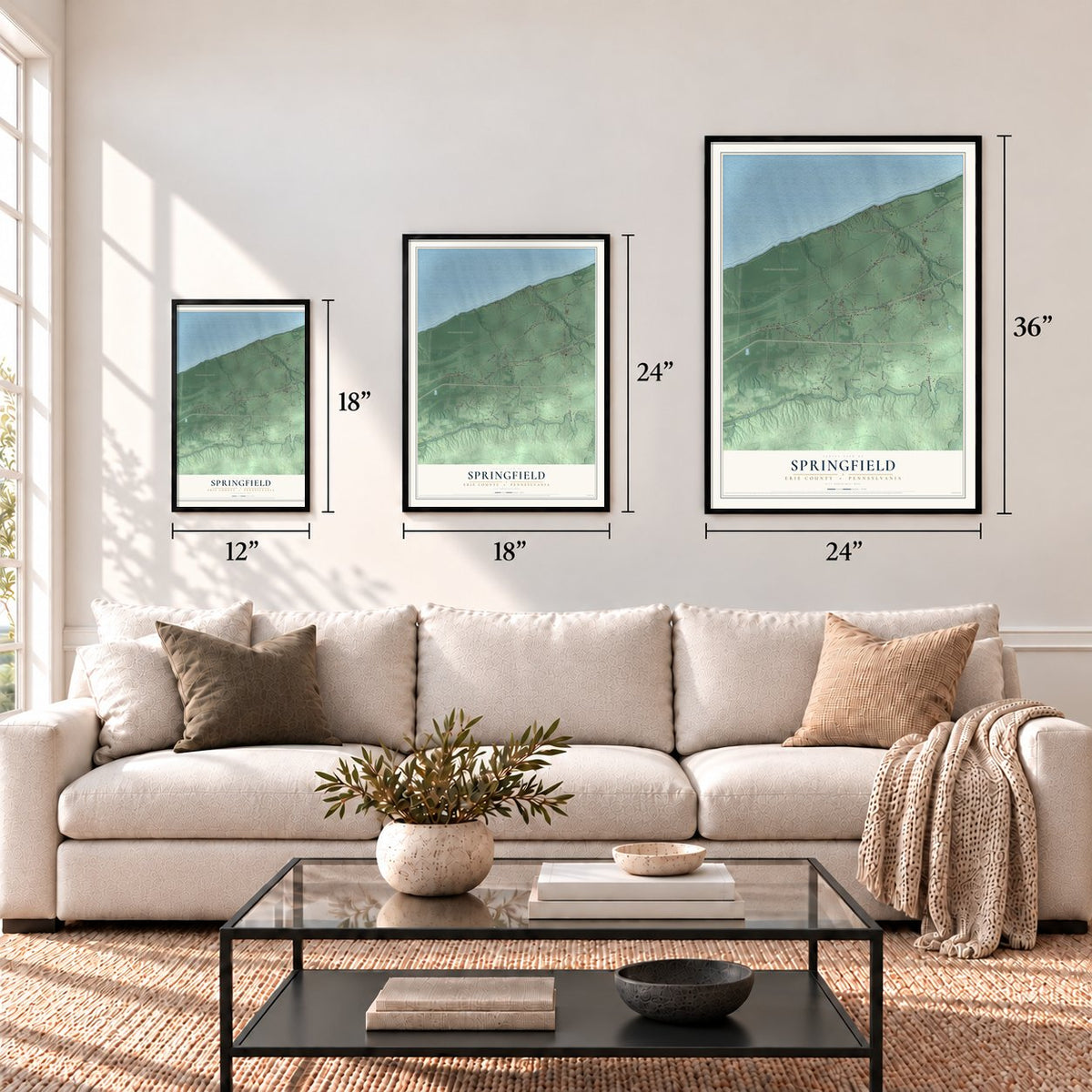 Springfield, Erie County, Pennsylvania map in 12 x 18, 18 x 24 and 24 x 36 inch sizes above a sofa