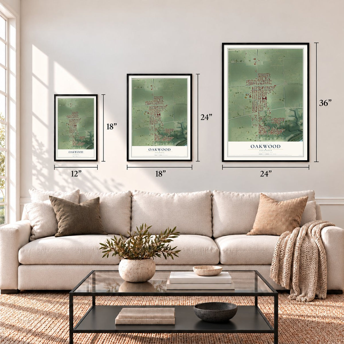 Oakwood, Illinois map in 12 x 18, 18 x 24 and 24 x 36 inch sizes above a sofa
