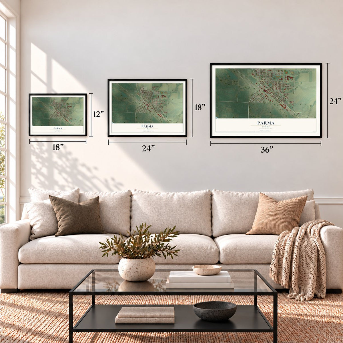 Parma, Idaho map in 12 x 18, 18 x 24 and 24 x 36 inch sizes above a sofa