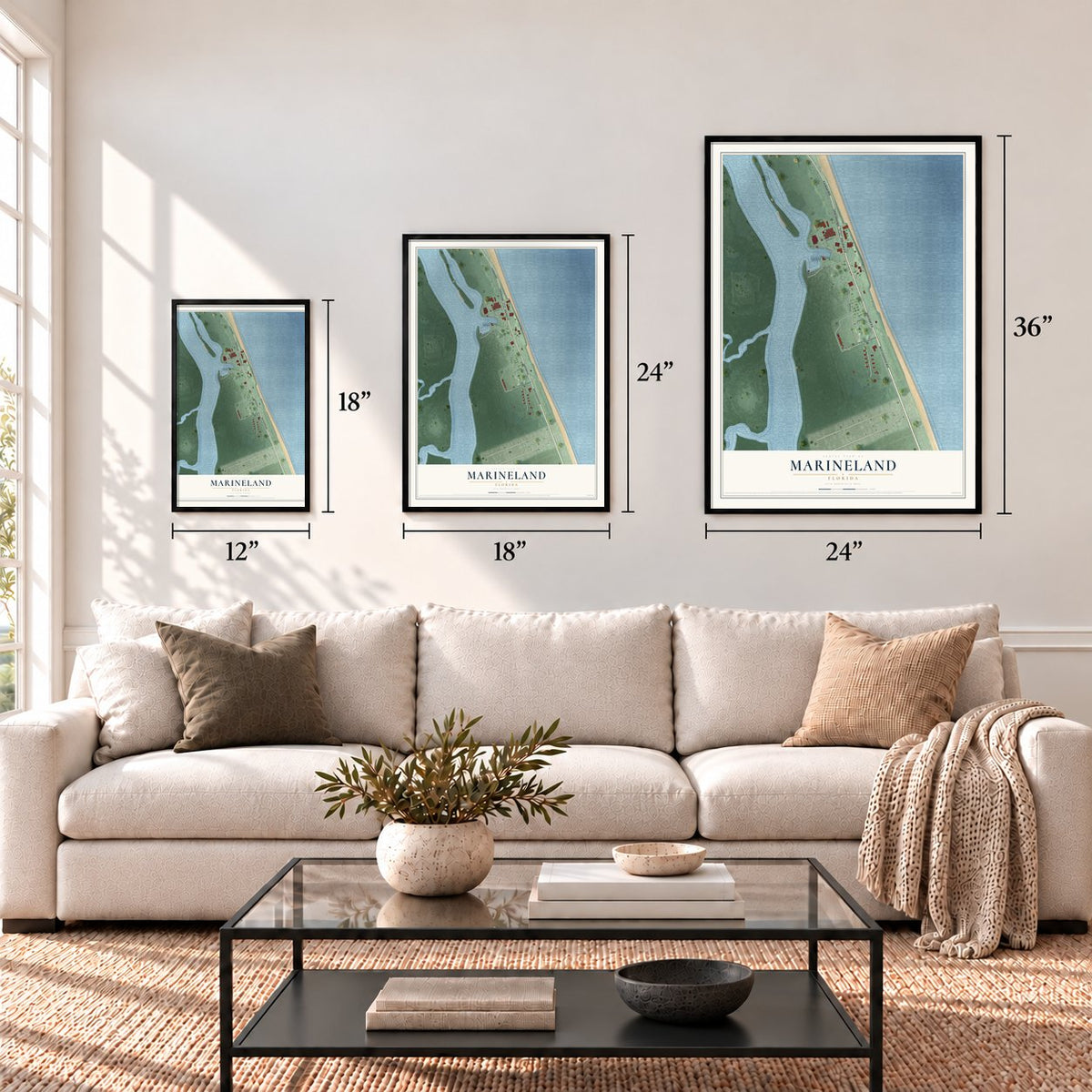 Marineland, Florida map in 12 x 18, 18 x 24 and 24 x 36 inch sizes above a sofa