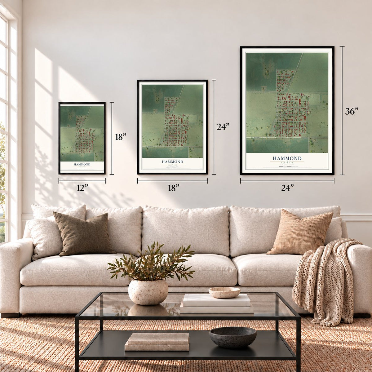Hammond, Illinois map in 12 x 18, 18 x 24 and 24 x 36 inch sizes above a sofa