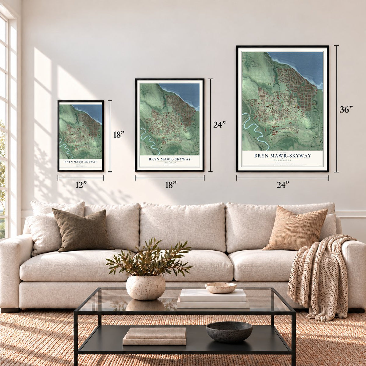 Bryn Mawr-Skyway, Washington map in 12 x 18, 18 x 24 and 24 x 36 inch sizes above a sofa