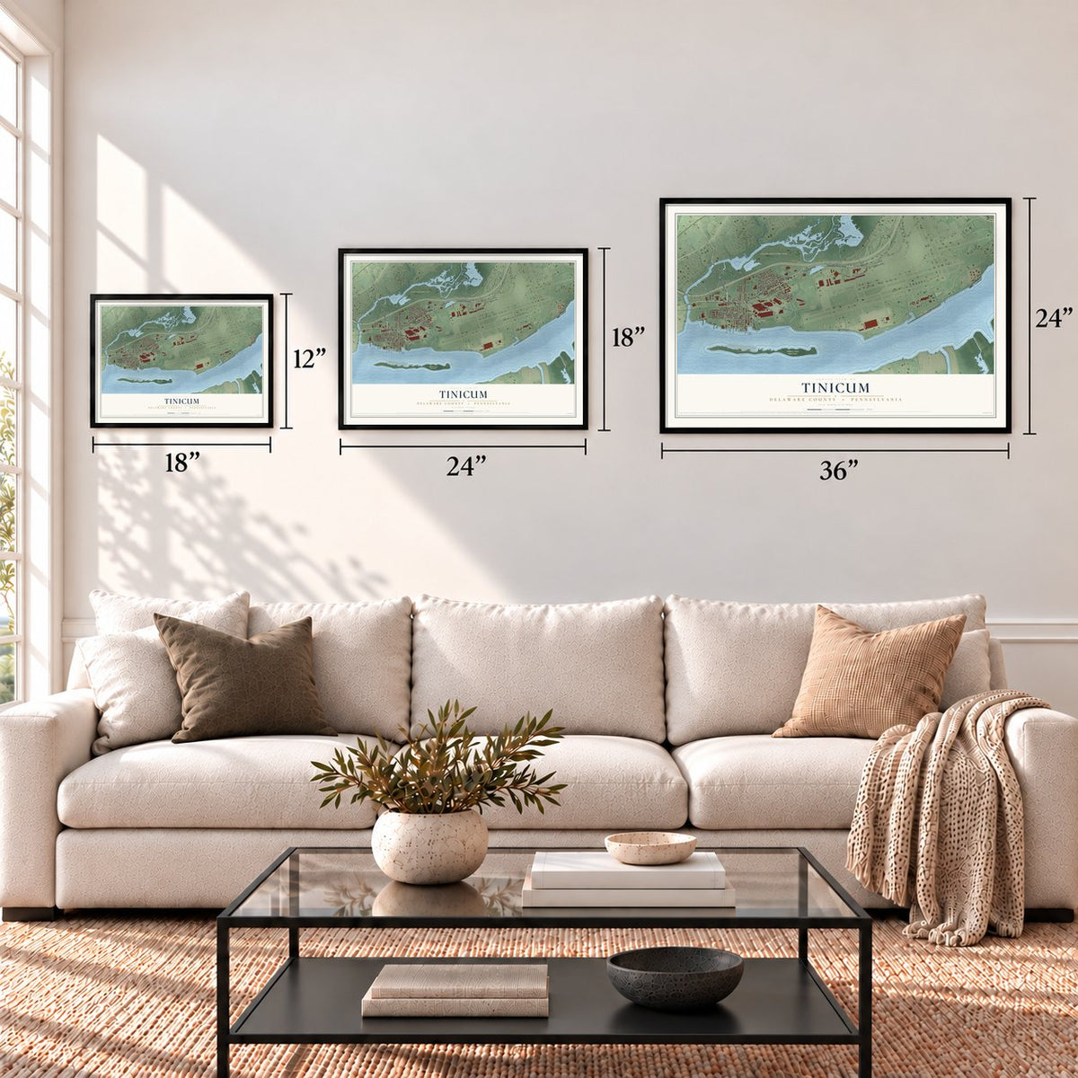 Tinicum, Delaware County, Pennsylvania map in 12 x 18, 18 x 24 and 24 x 36 inch sizes above a sofa