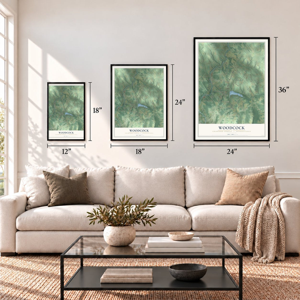 Woodcock, Crawford County, Pennsylvania map in 12 x 18, 18 x 24 and 24 x 36 inch sizes above a sofa