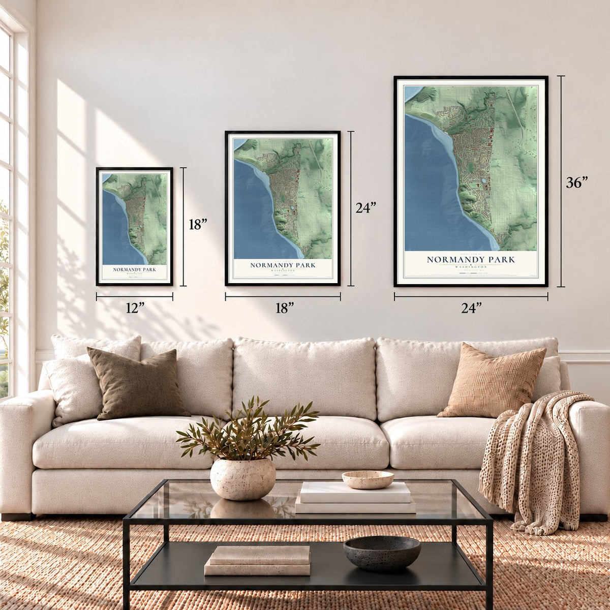 Normandy Park, Washington map in 12 x 18, 18 x 24 and 24 x 36 inch sizes above a sofa