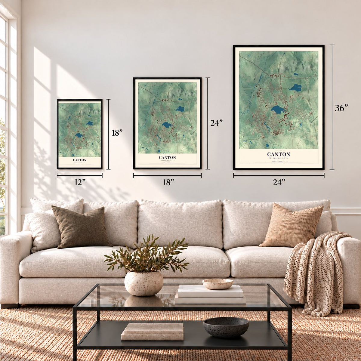 Canton, Massachusetts map in 12 x 18, 18 x 24 and 24 x 36 inch sizes above a sofa