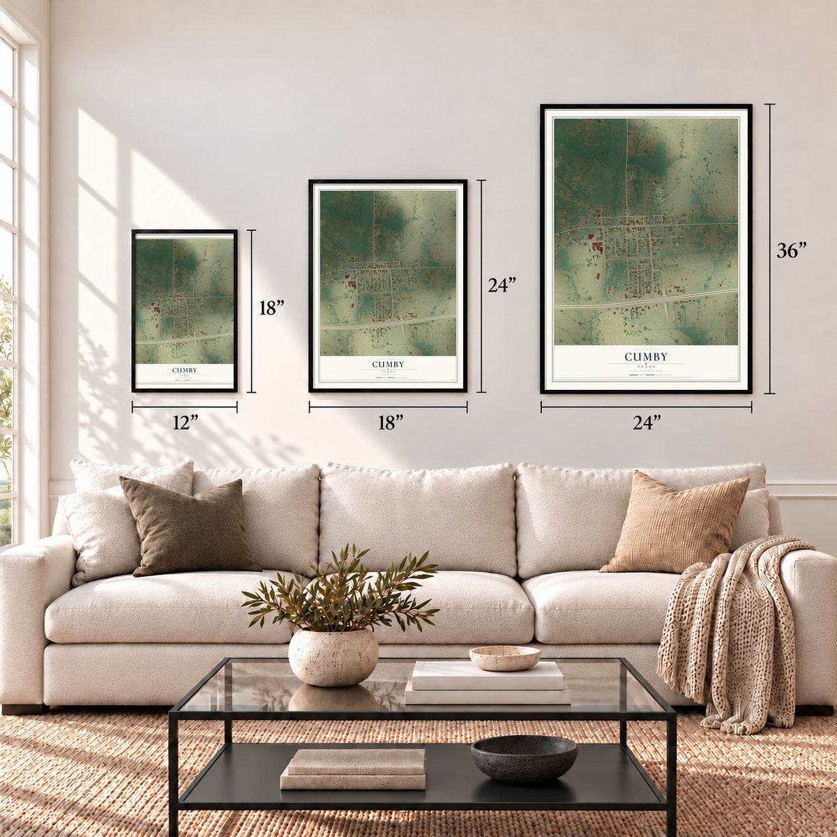 Cumby, Texas map in 12 x 18, 18 x 24 and 24 x 36 inch sizes above a sofa