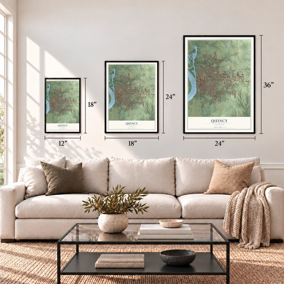 Quincy, Illinois map in 12 x 18, 18 x 24 and 24 x 36 inch sizes above a sofa