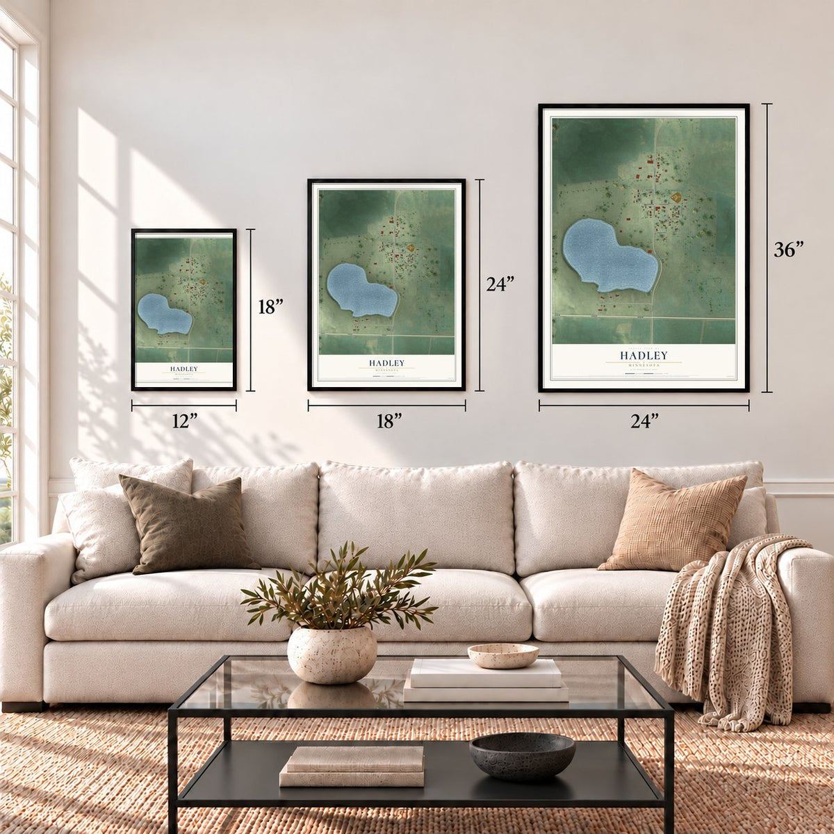 Hadley, Minnesota map in 12 x 18, 18 x 24 and 24 x 36 inch sizes above a sofa