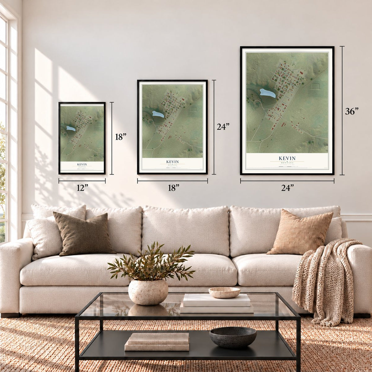 Kevin, Montana map in 12 x 18, 18 x 24 and 24 x 36 inch sizes above a sofa