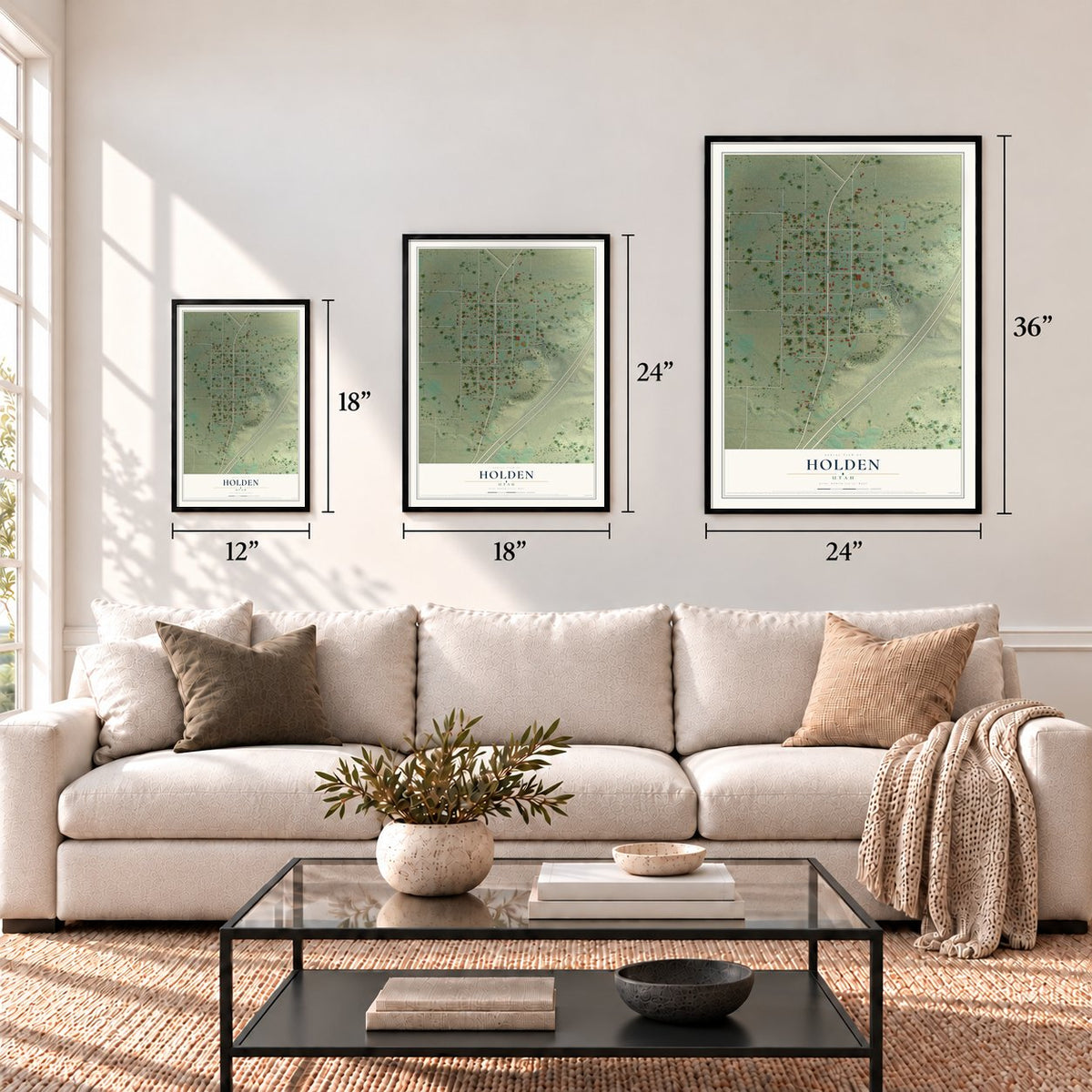 Holden, Utah map in 12 x 18, 18 x 24 and 24 x 36 inch sizes above a sofa