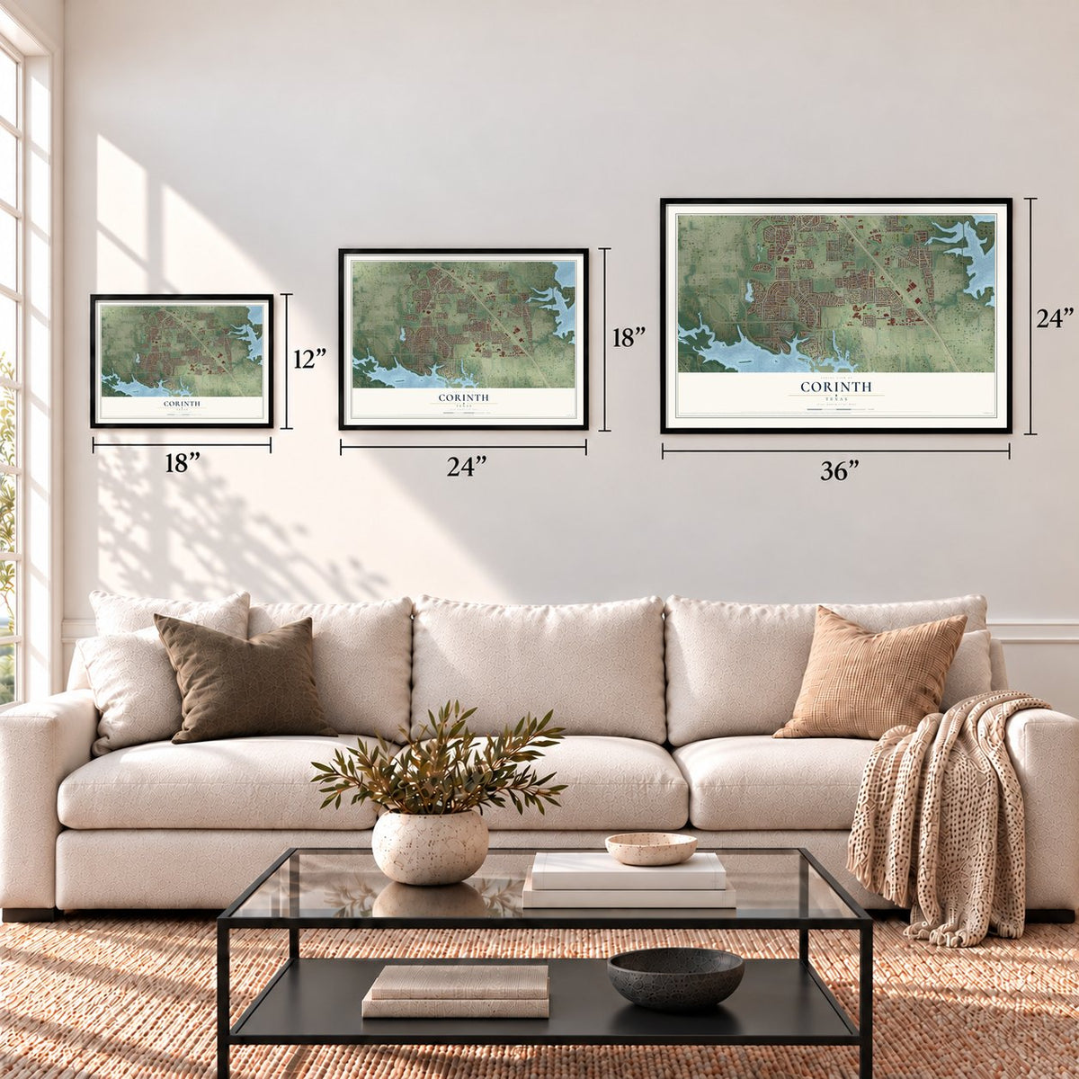 Corinth, Texas map in 12 x 18, 18 x 24 and 24 x 36 inch sizes above a sofa