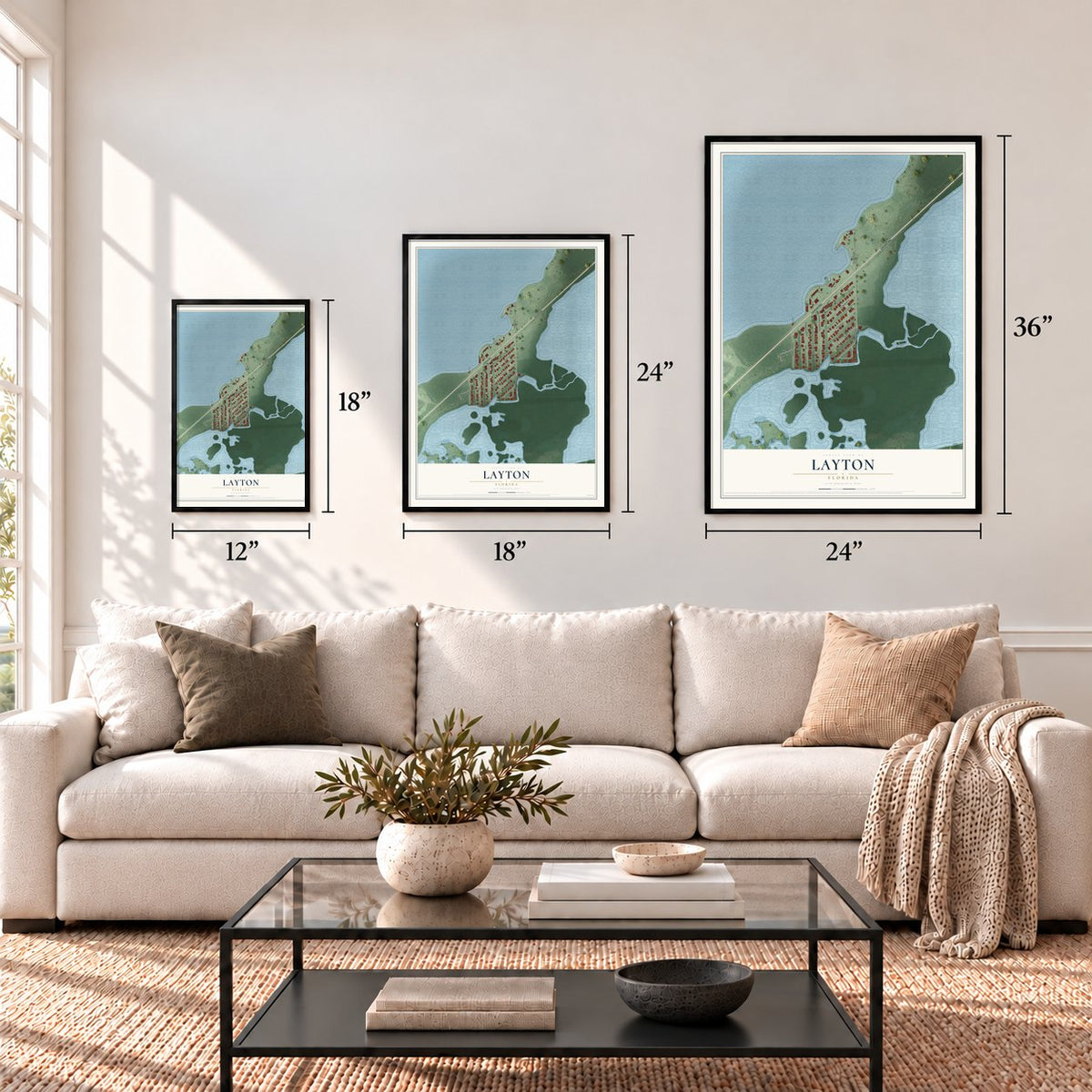 Layton, Florida map in 12 x 18, 18 x 24 and 24 x 36 inch sizes above a sofa