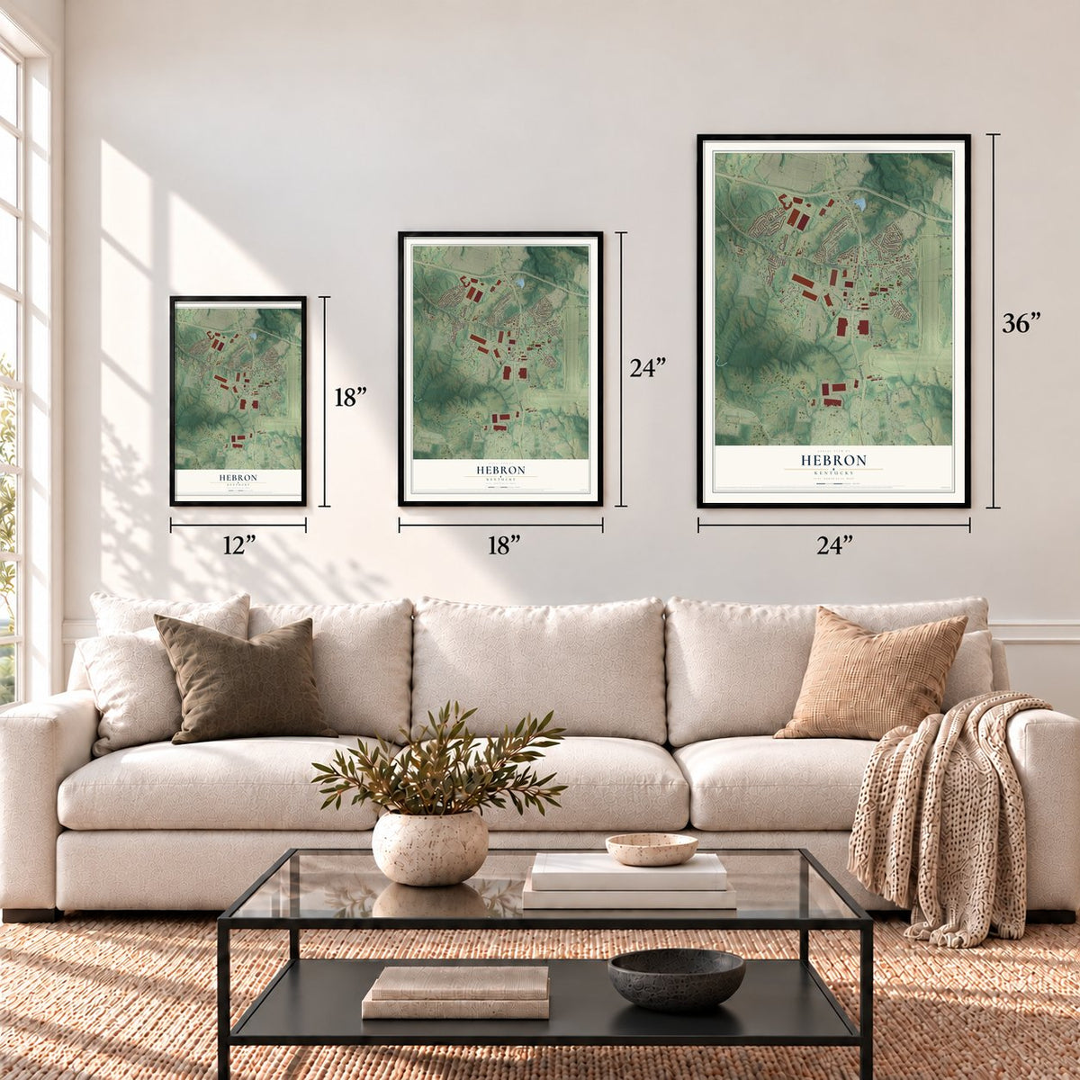Hebron, Kentucky map in 12 x 18, 18 x 24 and 24 x 36 inch sizes above a sofa