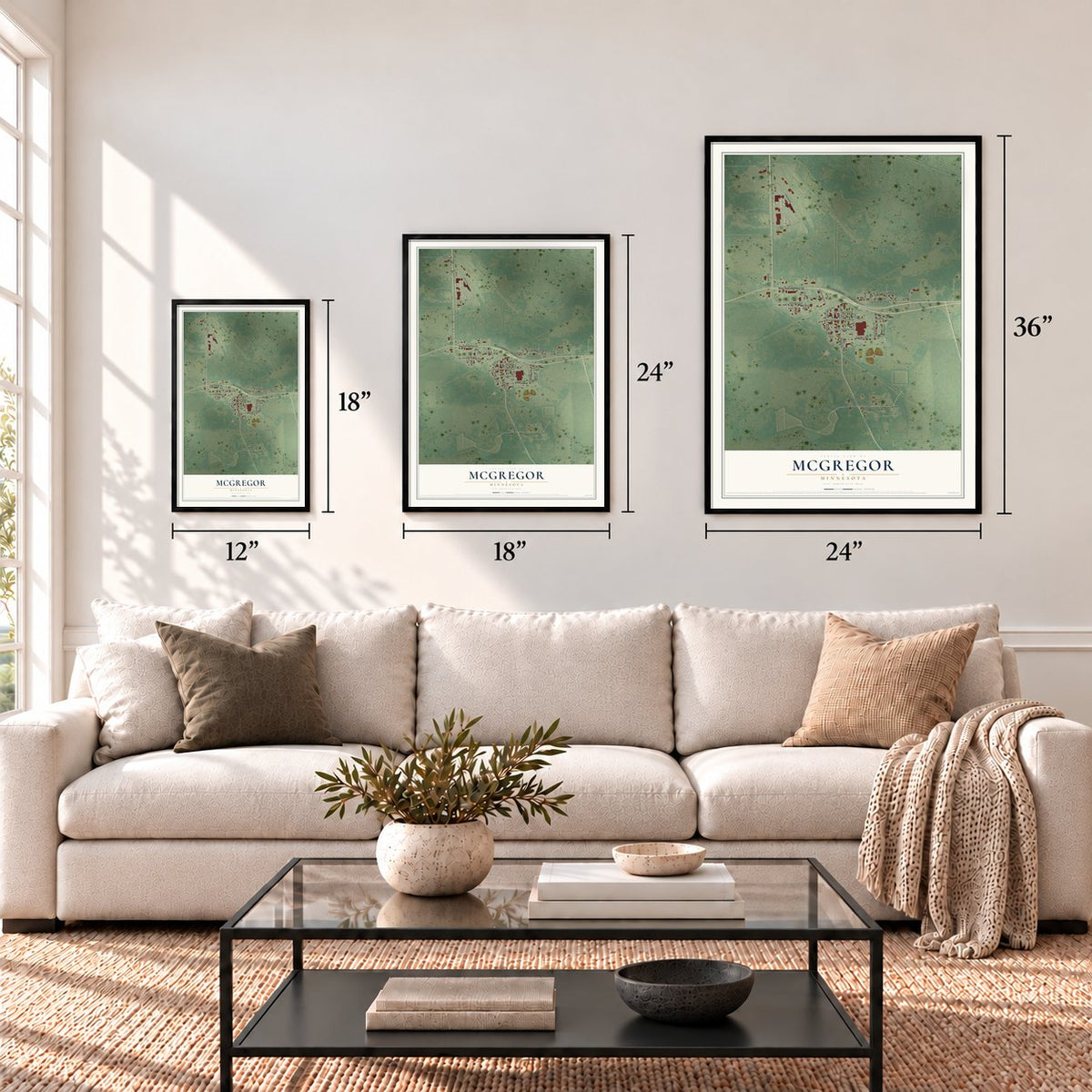 McGregor, Minnesota map in 12 x 18, 18 x 24 and 24 x 36 inch sizes above a sofa