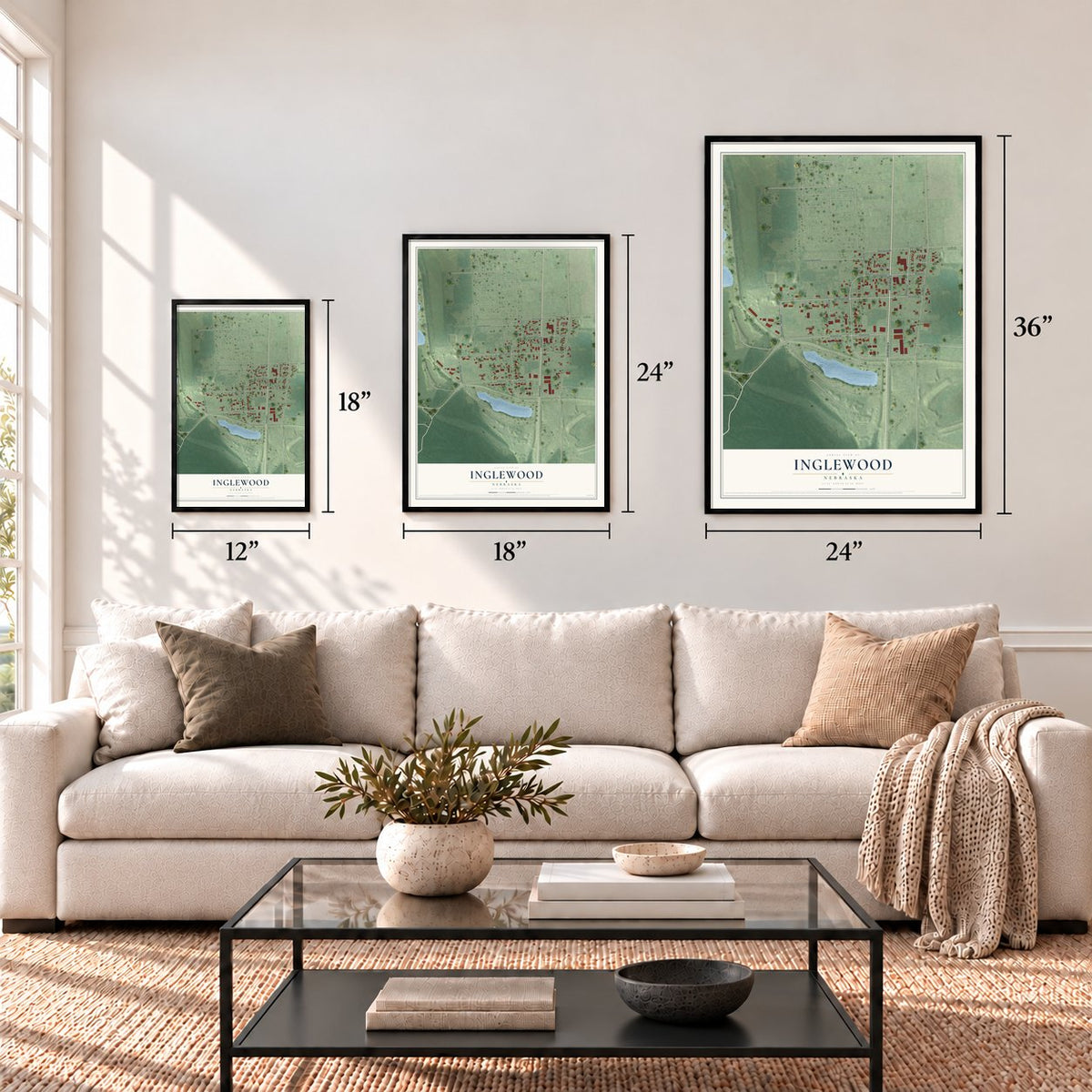 Inglewood, Nebraska map in 12 x 18, 18 x 24 and 24 x 36 inch sizes above a sofa