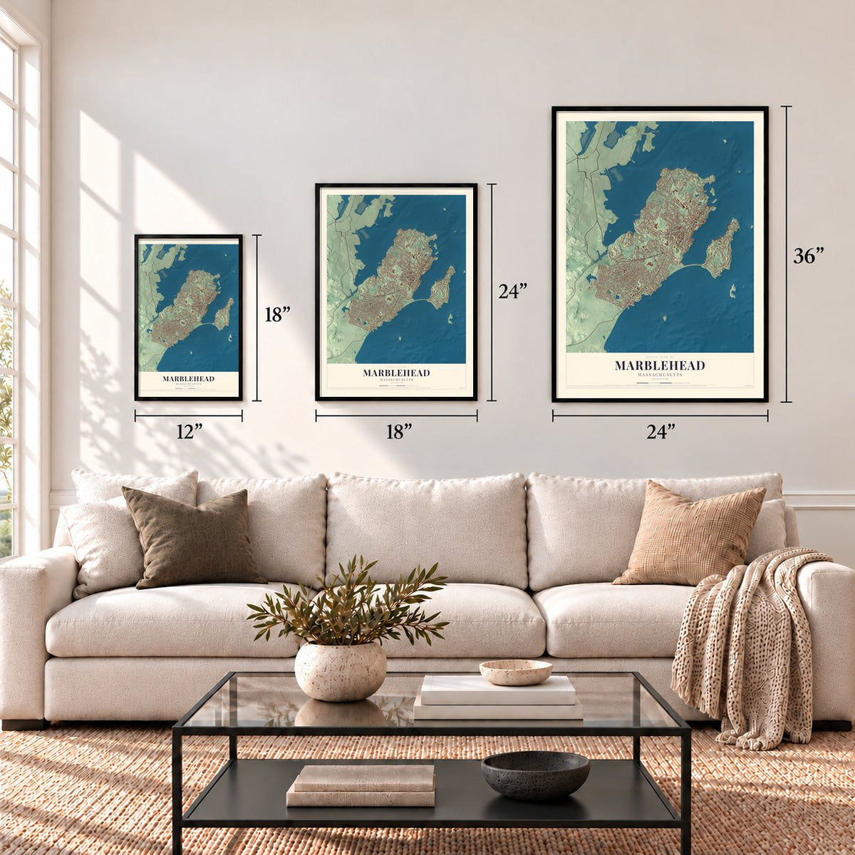 Marblehead, Massachusetts map in 12 x 18, 18 x 24 and 24 x 36 inch sizes above a sofa