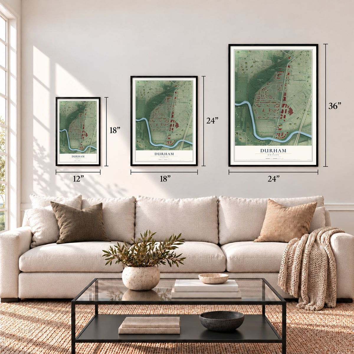 Durham, Oregon map in 12 x 18, 18 x 24 and 24 x 36 inch sizes above a sofa