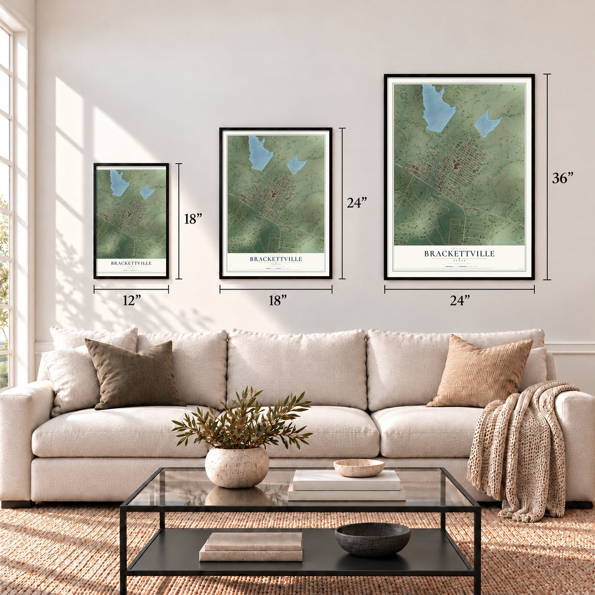 Brackettville, Texas map in 12 x 18, 18 x 24 and 24 x 36 inch sizes above a sofa