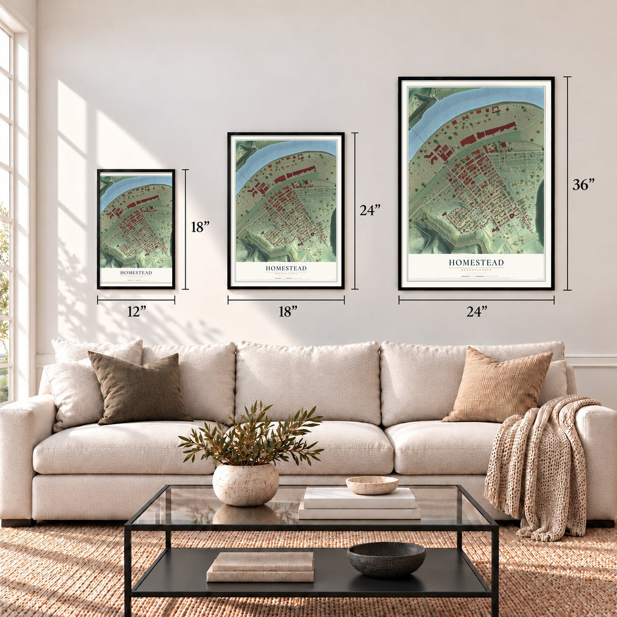 Homestead, Pennsylvania map in 12 x 18, 18 x 24 and 24 x 36 inch sizes above a sofa