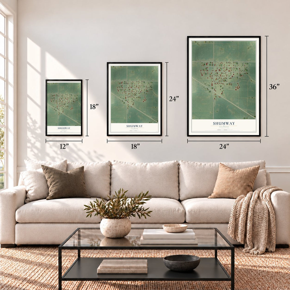 Shumway, Illinois map in 12 x 18, 18 x 24 and 24 x 36 inch sizes above a sofa
