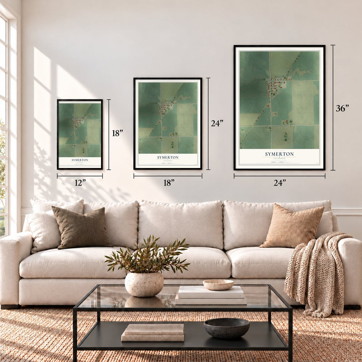 Symerton, Illinois map in 12 x 18, 18 x 24 and 24 x 36 inch sizes above a sofa