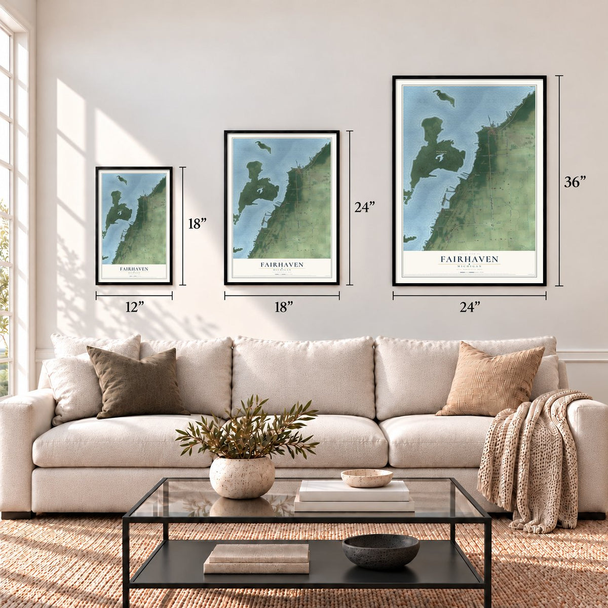 Fairhaven, Michigan map in 12 x 18, 18 x 24 and 24 x 36 inch sizes above a sofa