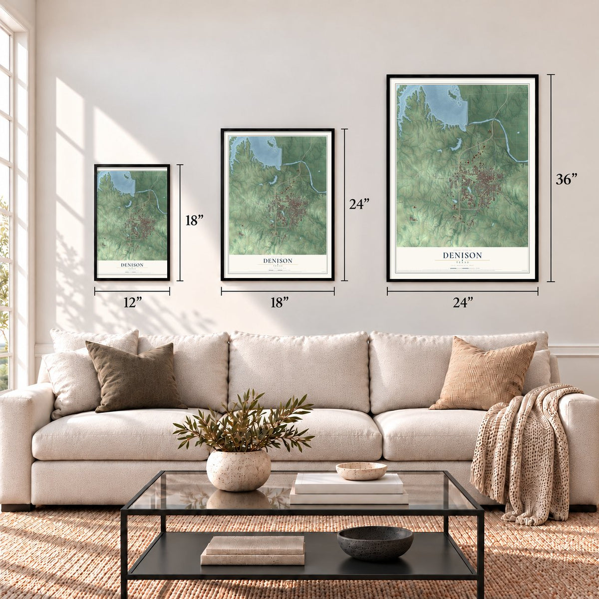 Denison, Texas map in 12 x 18, 18 x 24 and 24 x 36 inch sizes above a sofa