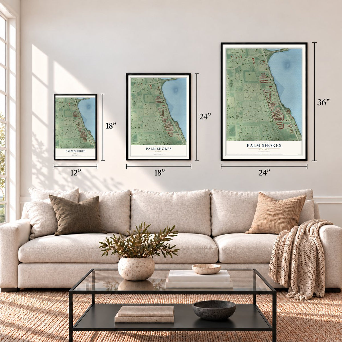 Palm Shores, Florida map in 12 x 18, 18 x 24 and 24 x 36 inch sizes above a sofa