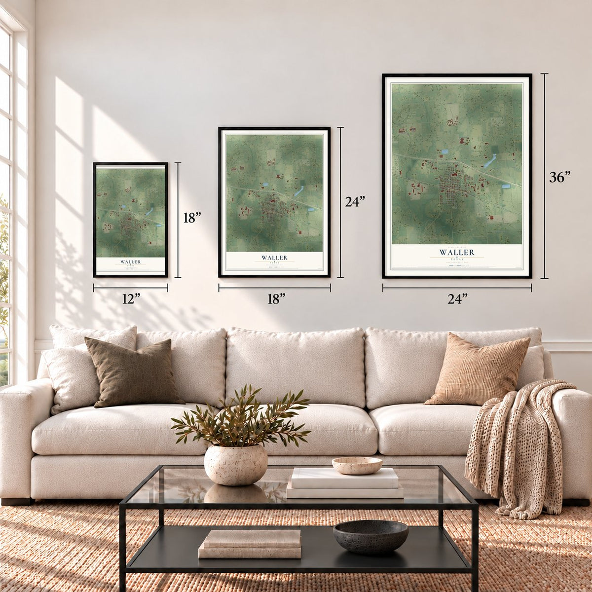 Waller, Texas map in 12 x 18, 18 x 24 and 24 x 36 inch sizes above a sofa