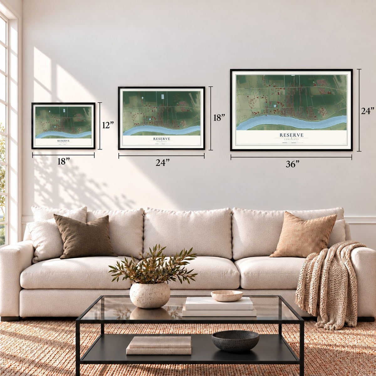 Reserve, Louisiana map in 12 x 18, 18 x 24 and 24 x 36 inch sizes above a sofa