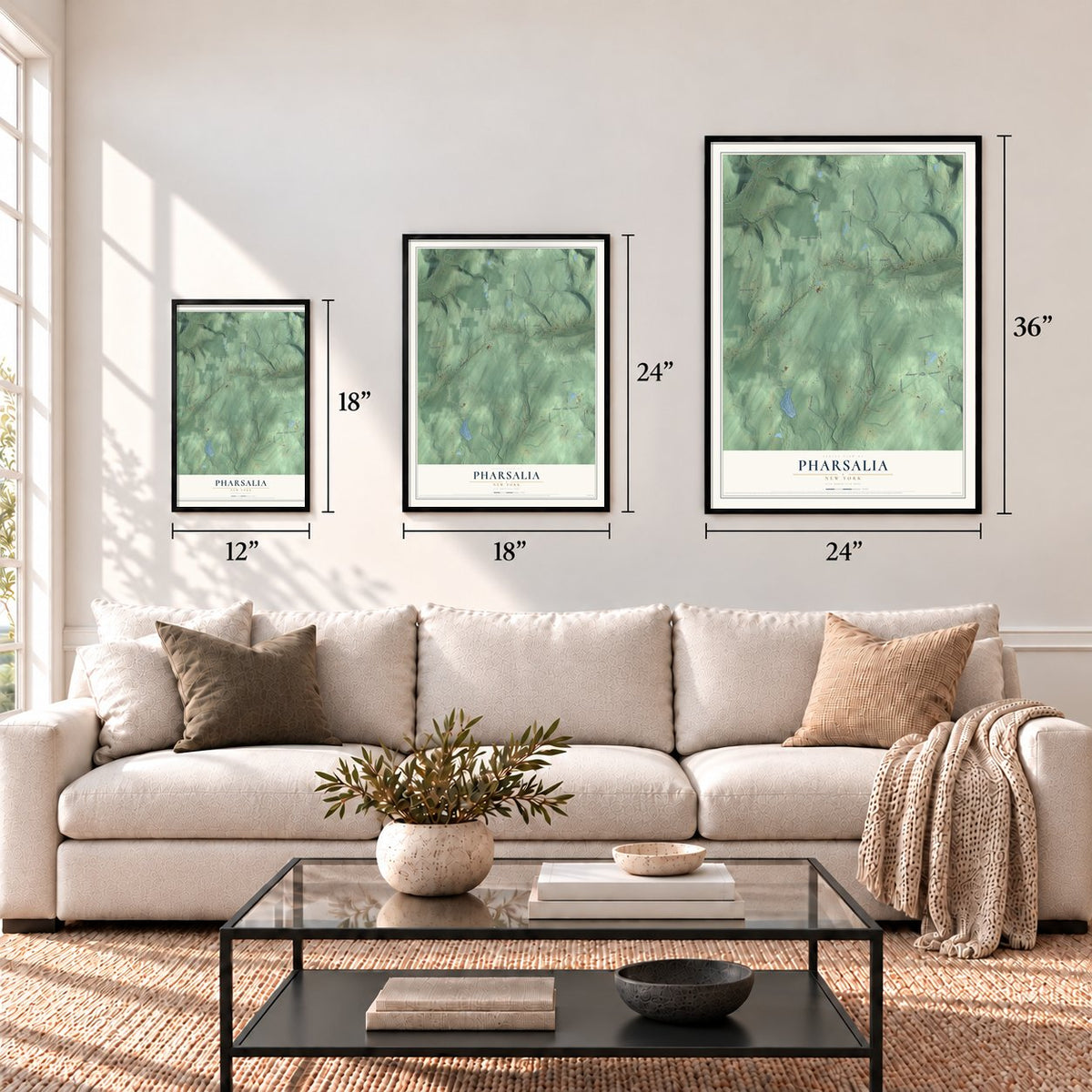 Pharsalia, New York map in 12 x 18, 18 x 24 and 24 x 36 inch sizes above a sofa