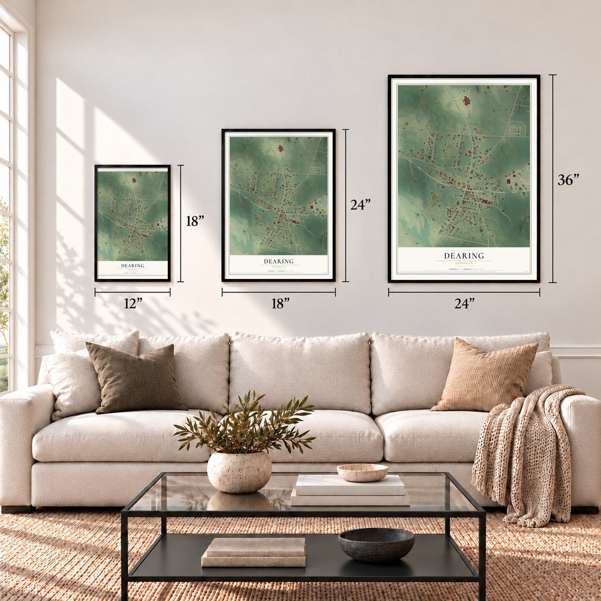 Dearing, Georgia map in 12 x 18, 18 x 24 and 24 x 36 inch sizes above a sofa