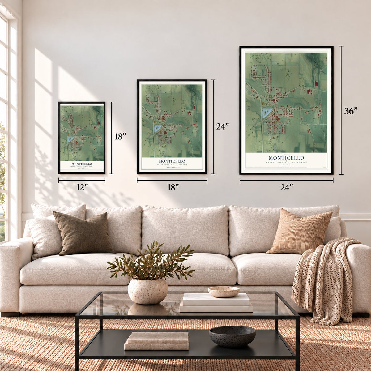 Monticello, Green County, Wisconsin map in 12 x 18, 18 x 24 and 24 x 36 inch sizes above a sofa