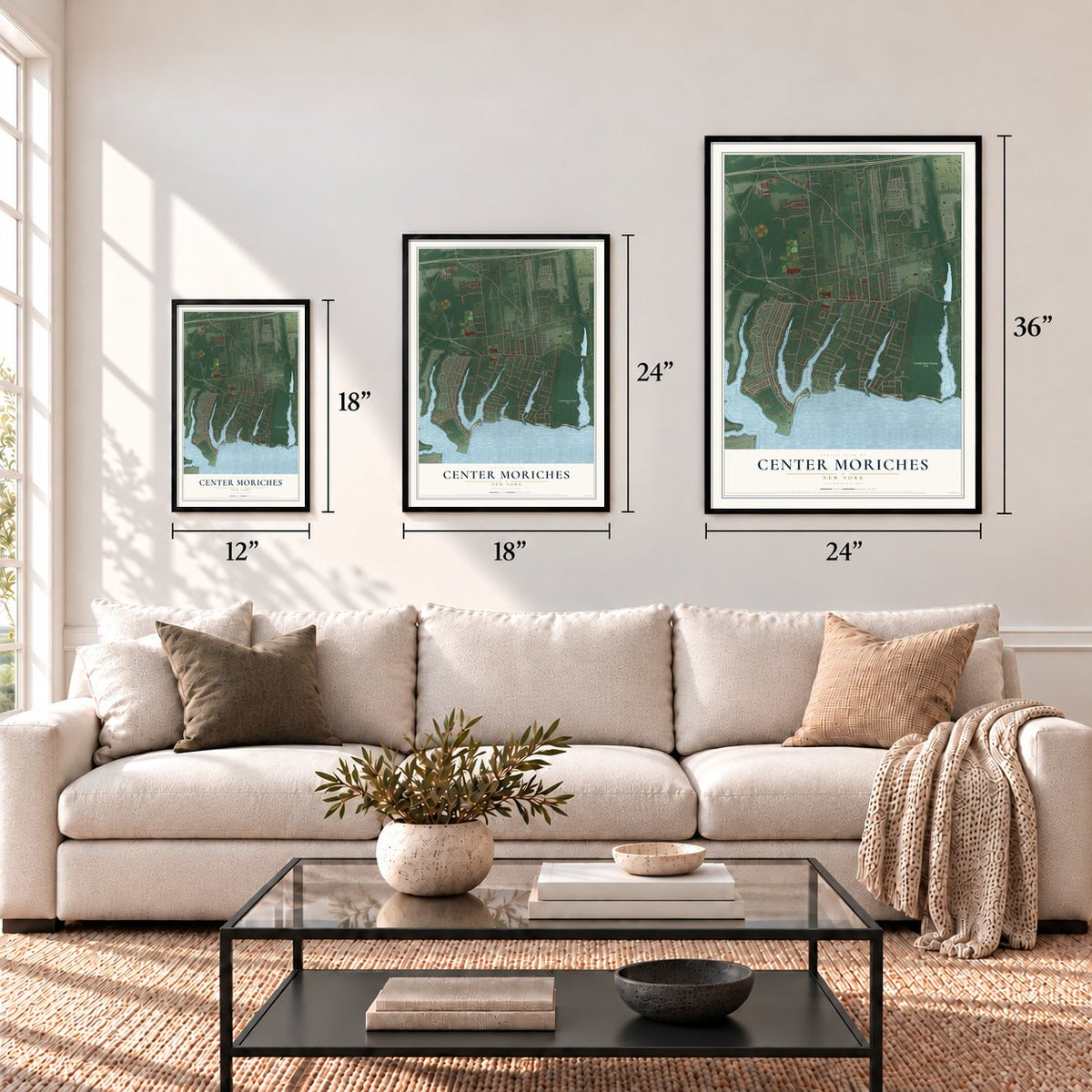 Center Moriches, New York map in 12 x 18, 18 x 24 and 24 x 36 inch sizes above a sofa