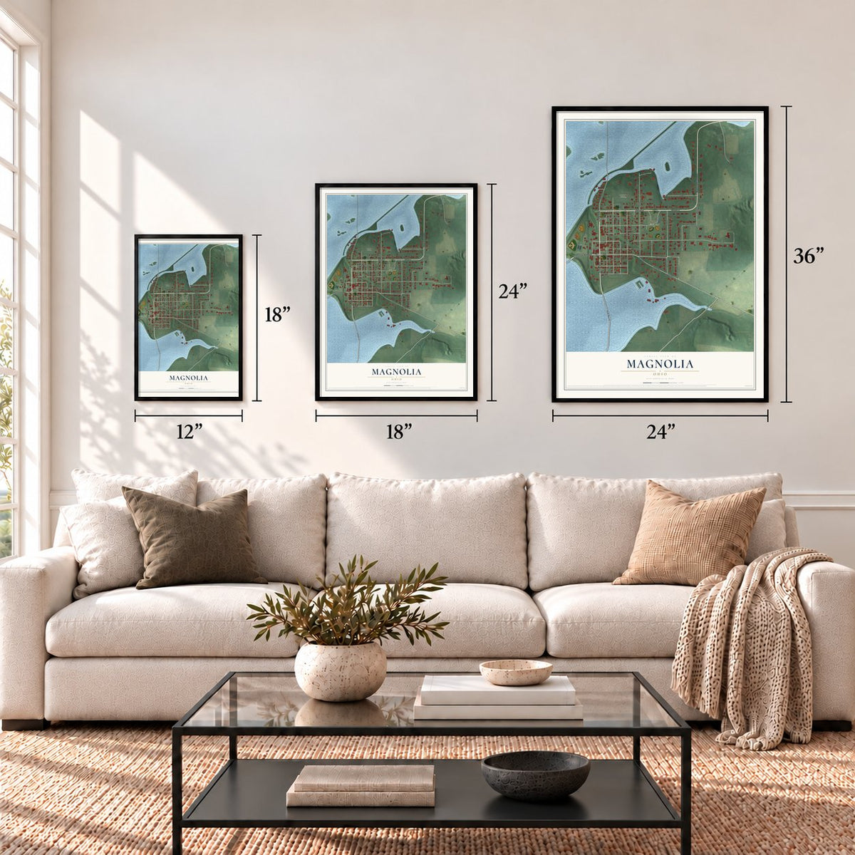 Magnolia, Ohio map in 12 x 18, 18 x 24 and 24 x 36 inch sizes above a sofa