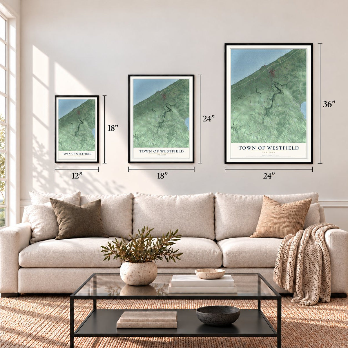 Town of Westfield, New York map in 12 x 18, 18 x 24 and 24 x 36 inch sizes above a sofa