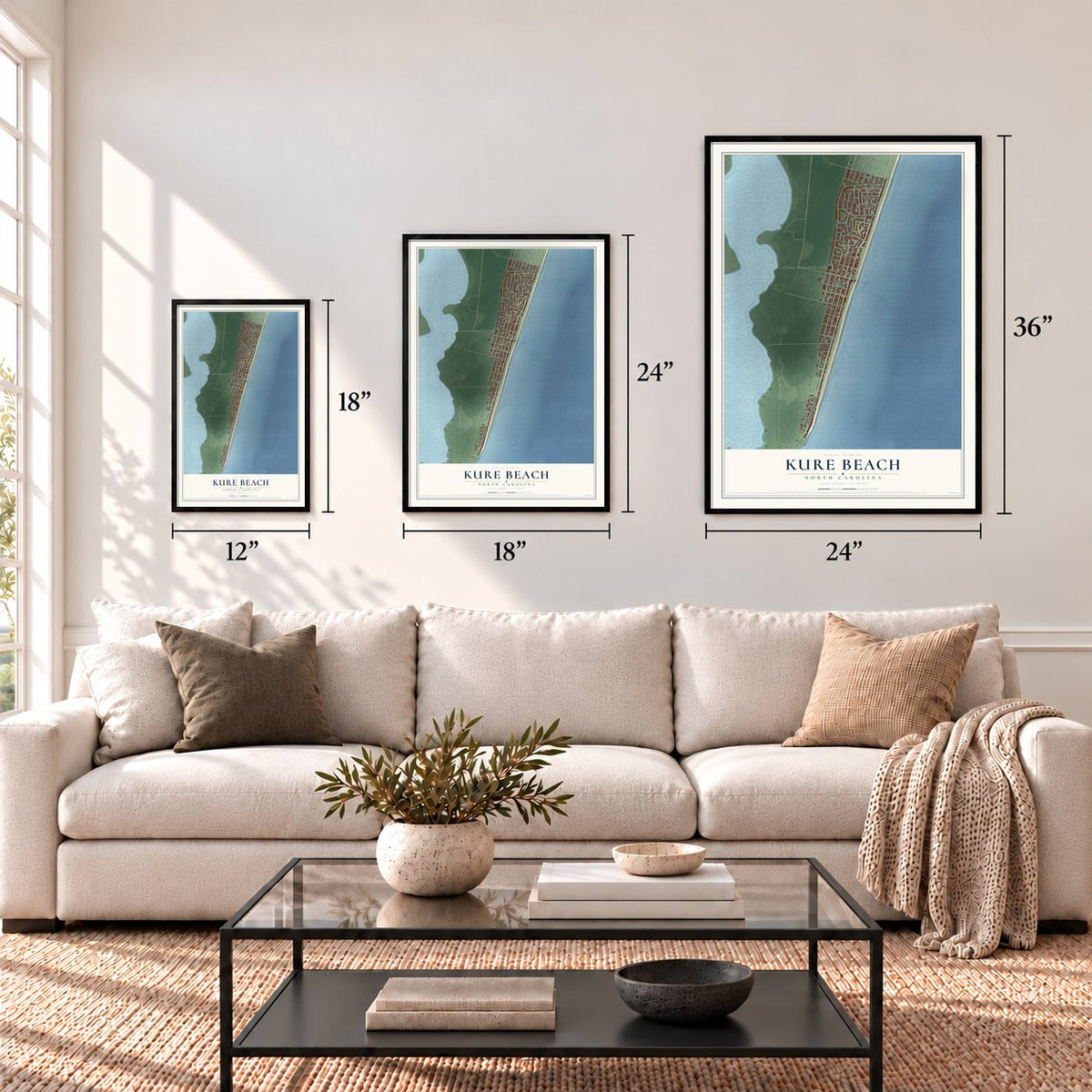Kure Beach, North Carolina map in 12 x 18, 18 x 24 and 24 x 36 inch sizes above a sofa