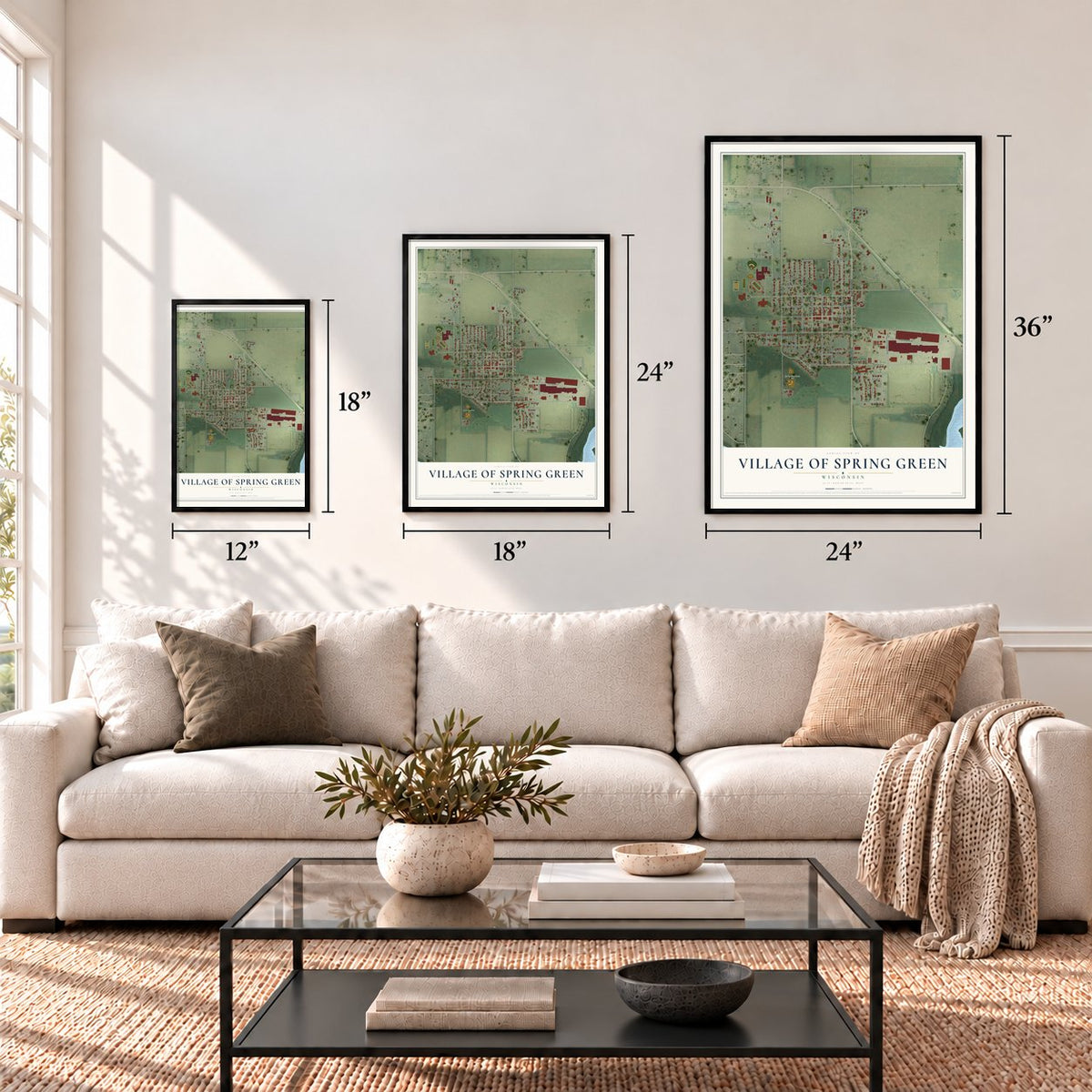 Spring Green, Wisconsin map in 12 x 18, 18 x 24 and 24 x 36 inch sizes above a sofa